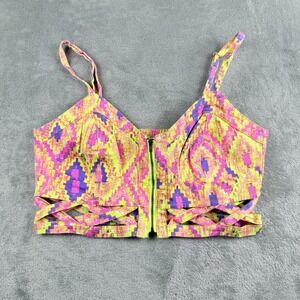Ally Top Womens XL Neon Tribal Print Ikat Cropped‎ Crisscross Hem Festival Y2K